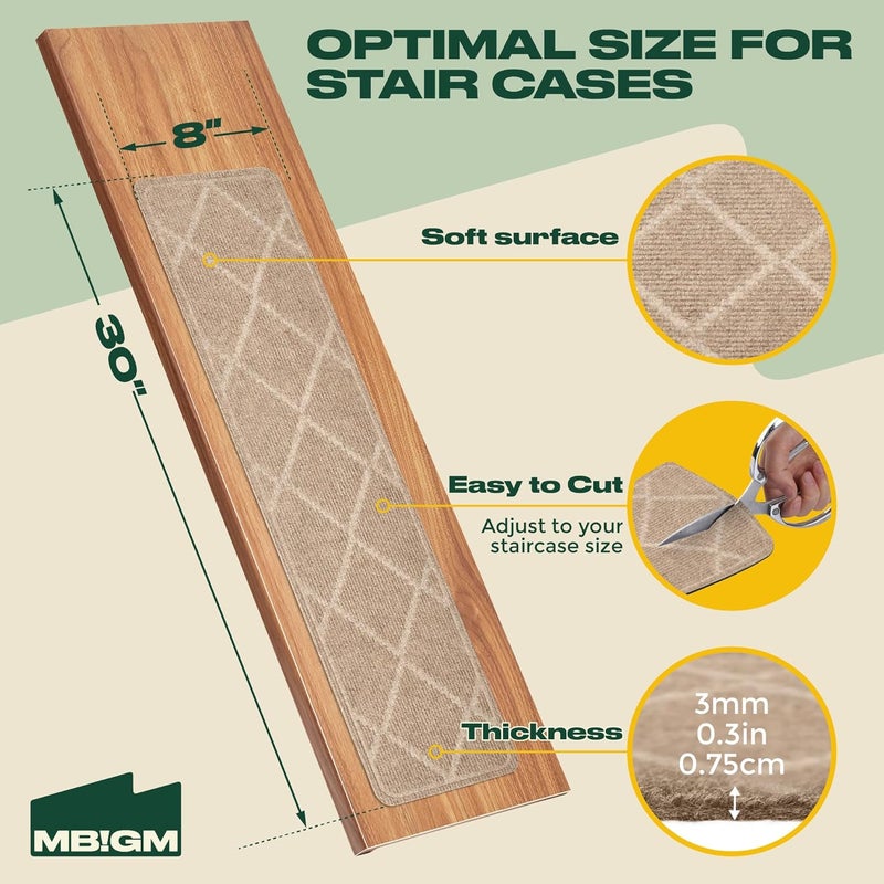 MBIGM 8" X 30" (15 in Pack) Non-Slip Carpet Stair Treads Non-Skid Safety Rug Slip Resistant Indoor Runner for Kids Elders & Pets with Reusable Adhesive - Cornstalk Diamond Weave - Image 4